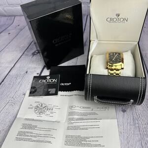 NOS Croton Chronomaster Rectangle Black Gold Stainless Steel Watch